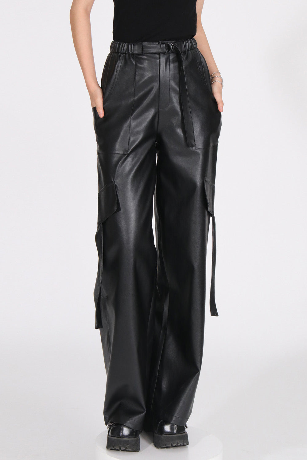 Wide Leather Trousers - Black