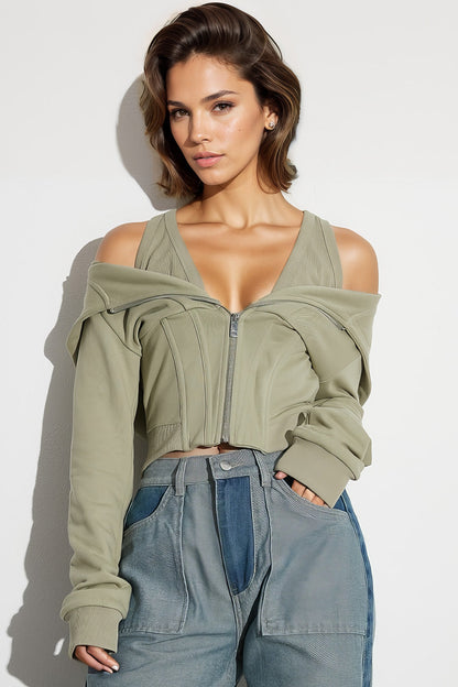 Zip-Up Sweatshirt with Straps - Green