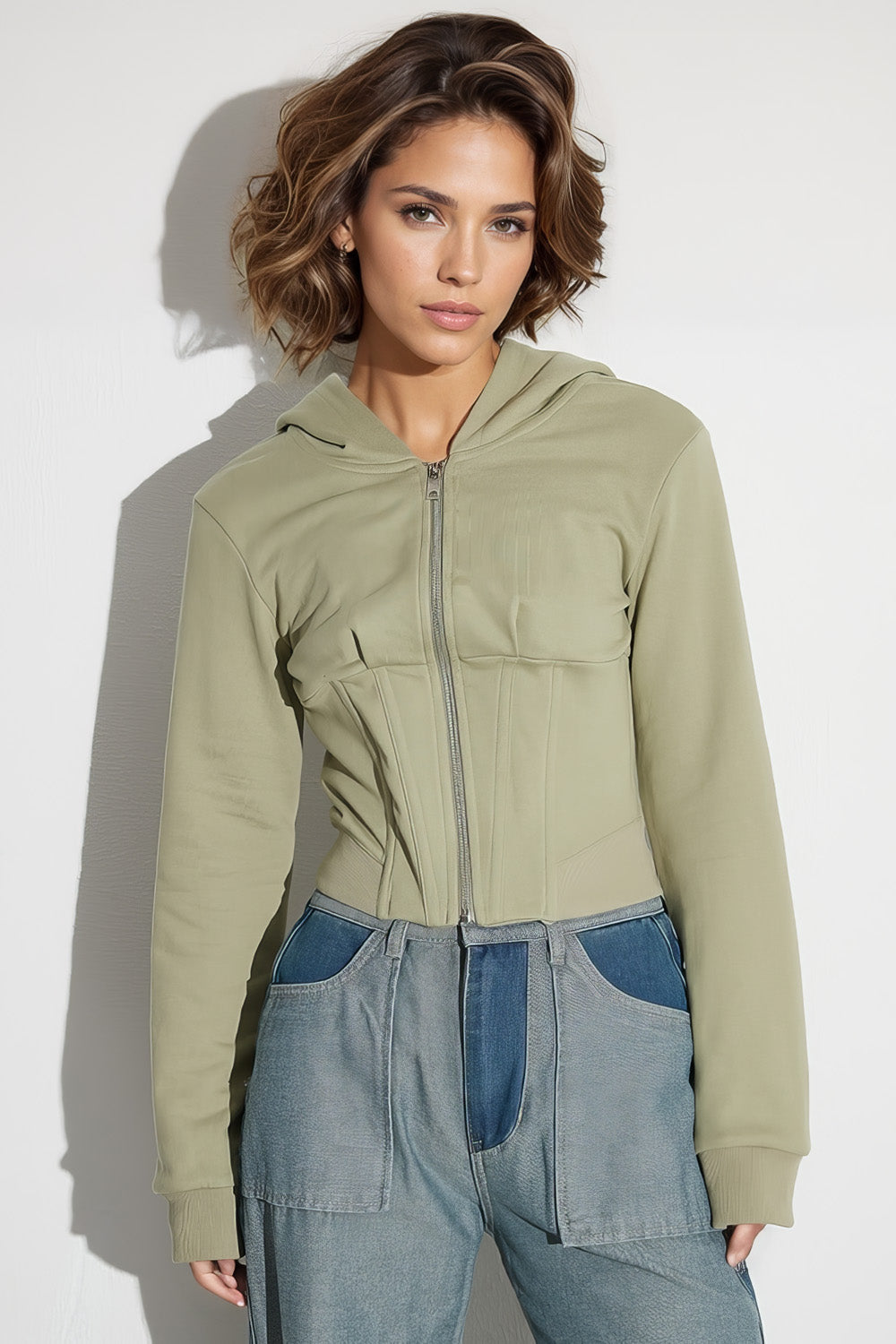 Zip-Up Sweatshirt with Straps - Green