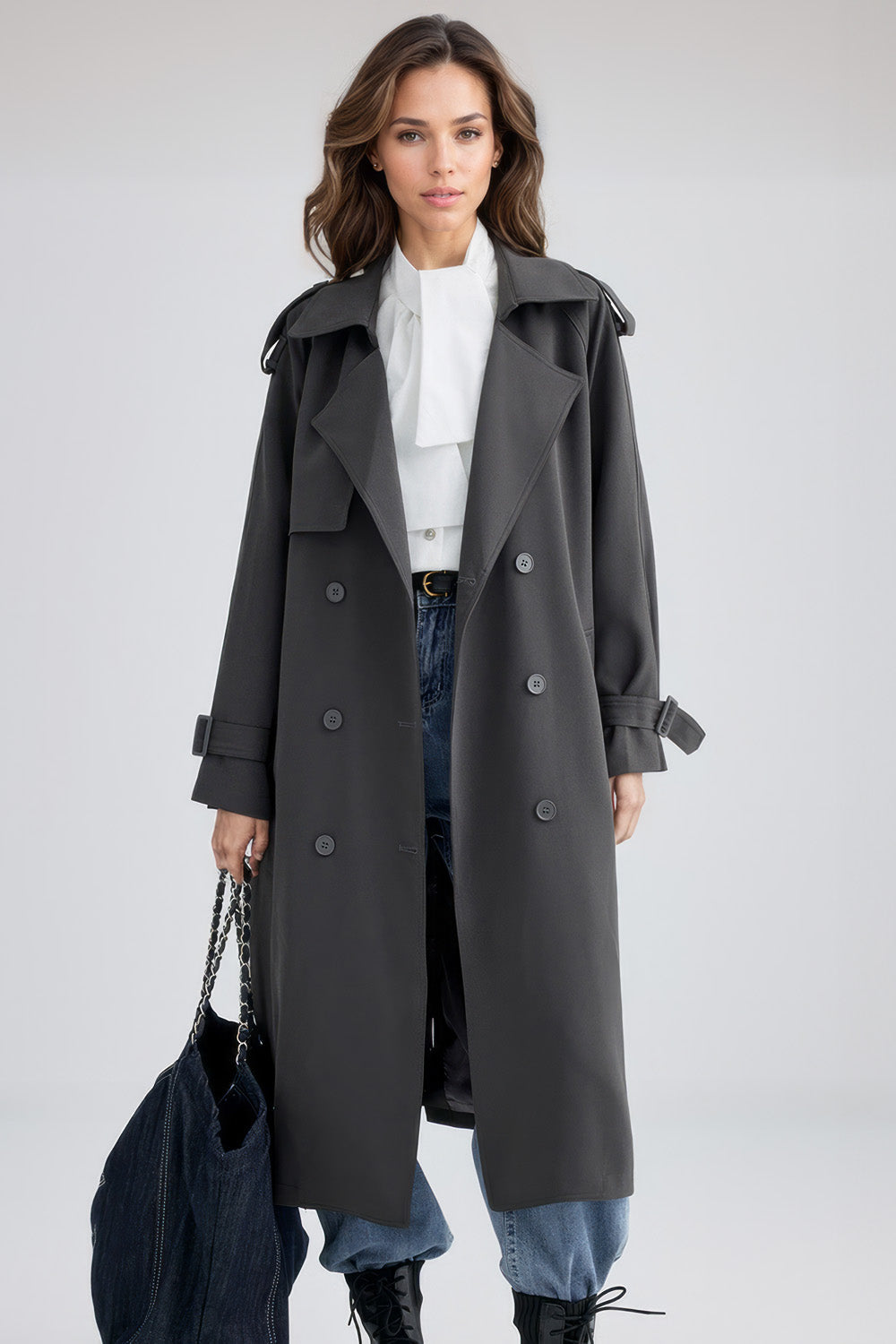 Double Breasted Plain Trenchcoat - Grey