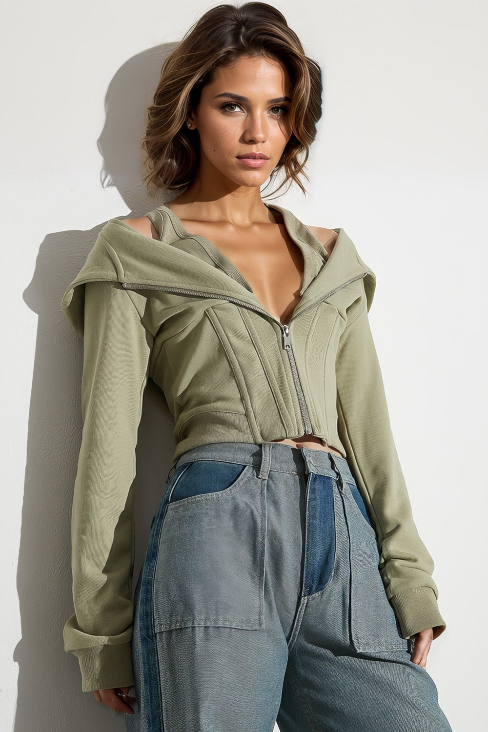 Zip-Up Sweatshirt with Straps - Green