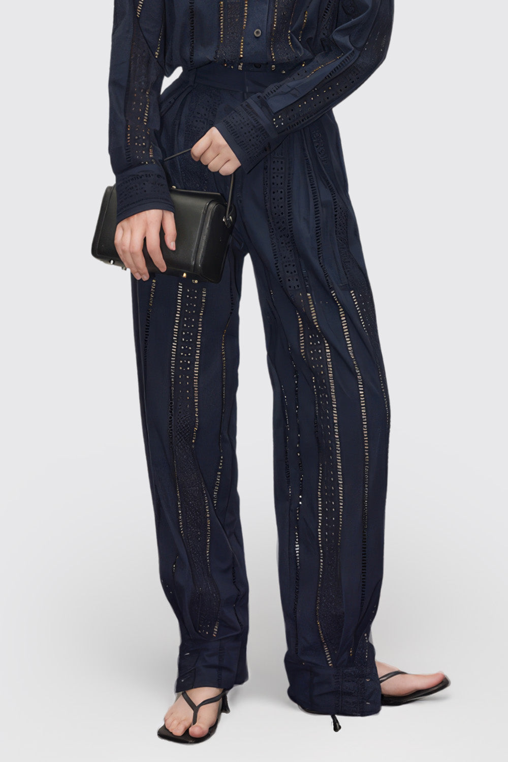 See-Through High Waisted Trousers - Navy Blue