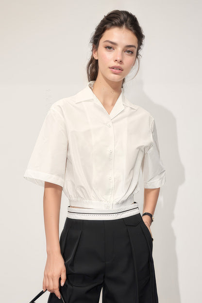 Short Sleeve Shirt with Elastic Hem - White