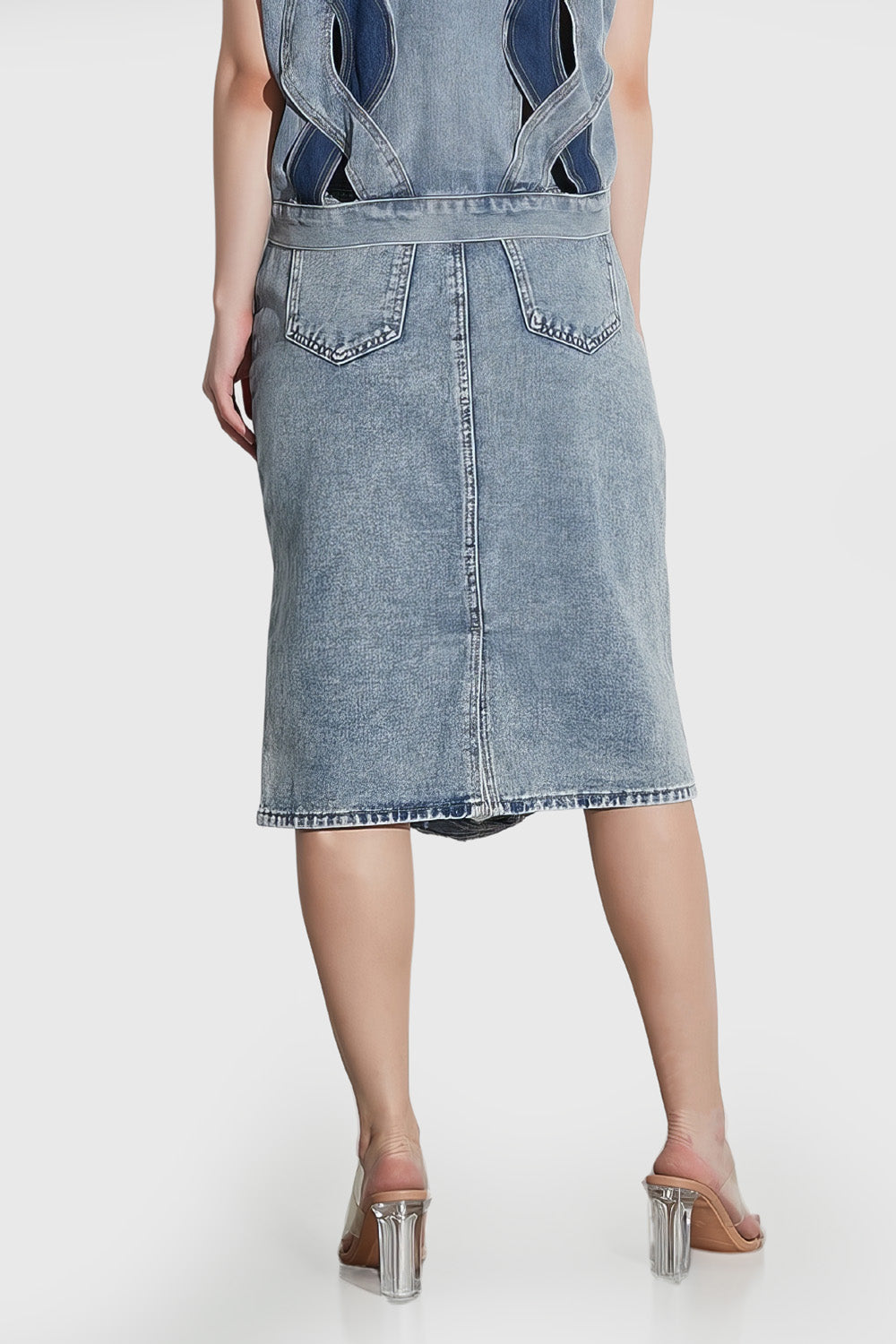 Denim Midi Skirt with Cuts - Blue