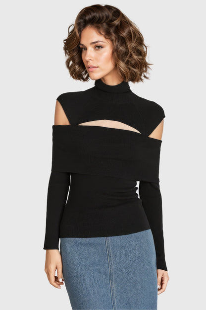 Knitted Top with High Neckline and Cuts - Black