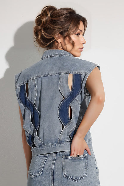 Denim Waistcoat with Spiral Cuts - Blue