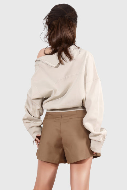 Off Shoulders Sweatshirt with Zippers - Beige