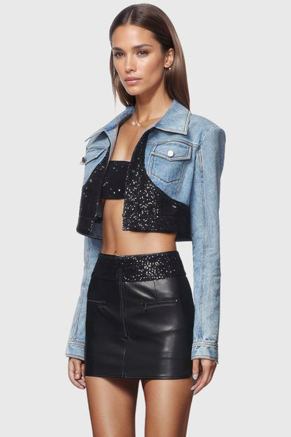 Leather Short Skirt with Sequins - Black